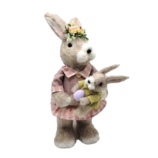 14.5&#x22; Brown &#x26; Rose Pink Mother Rabbit with Baby Bunny Easter Figure
